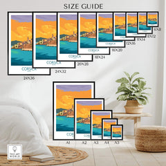 Corsica poster size guide display with various frame sizes for wall art inspiration.