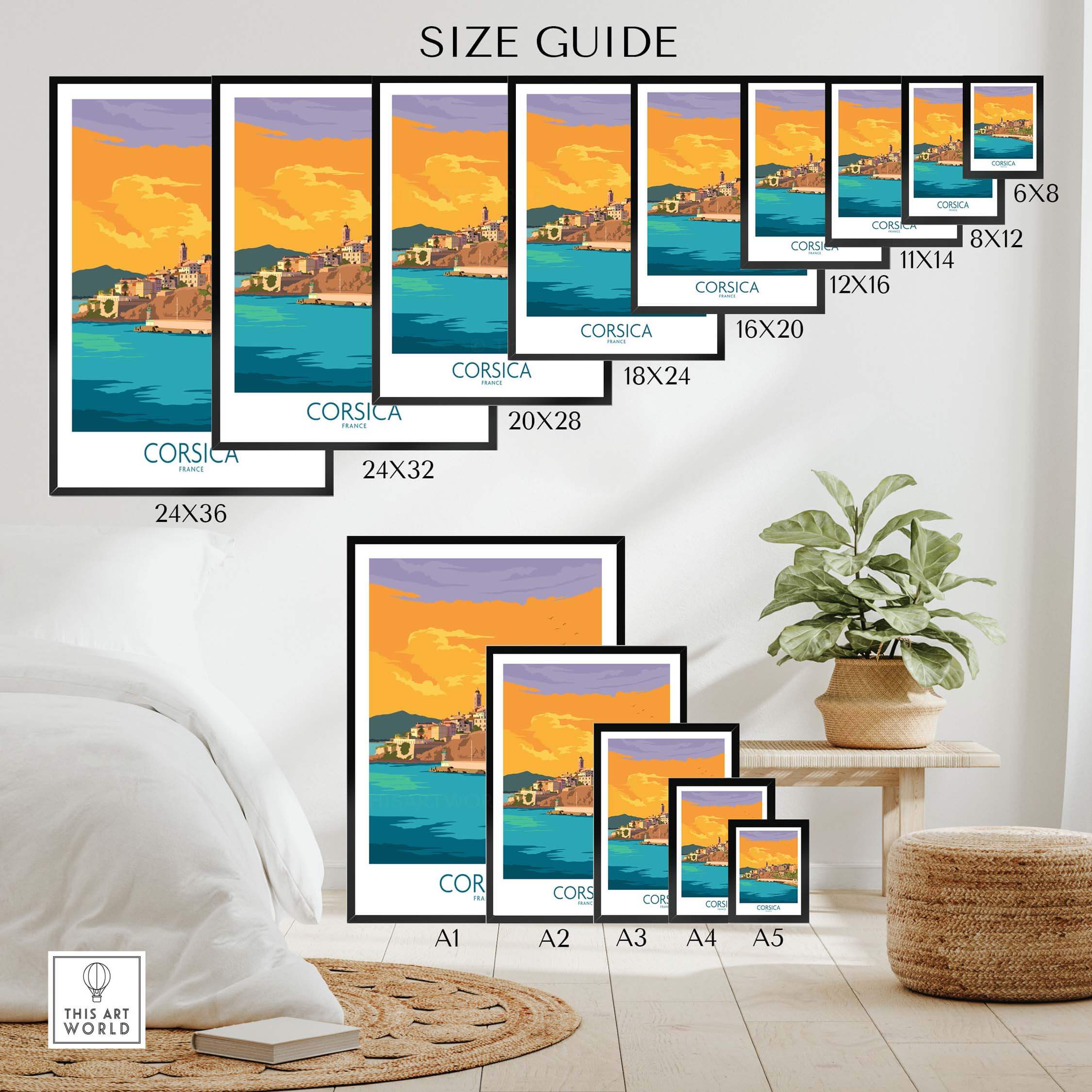 Corsica poster size guide display with various frame sizes for wall art inspiration.