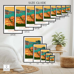 Costa Brava Poster size guide showcasing various framed and unframed sizes for stylish travel wall art.