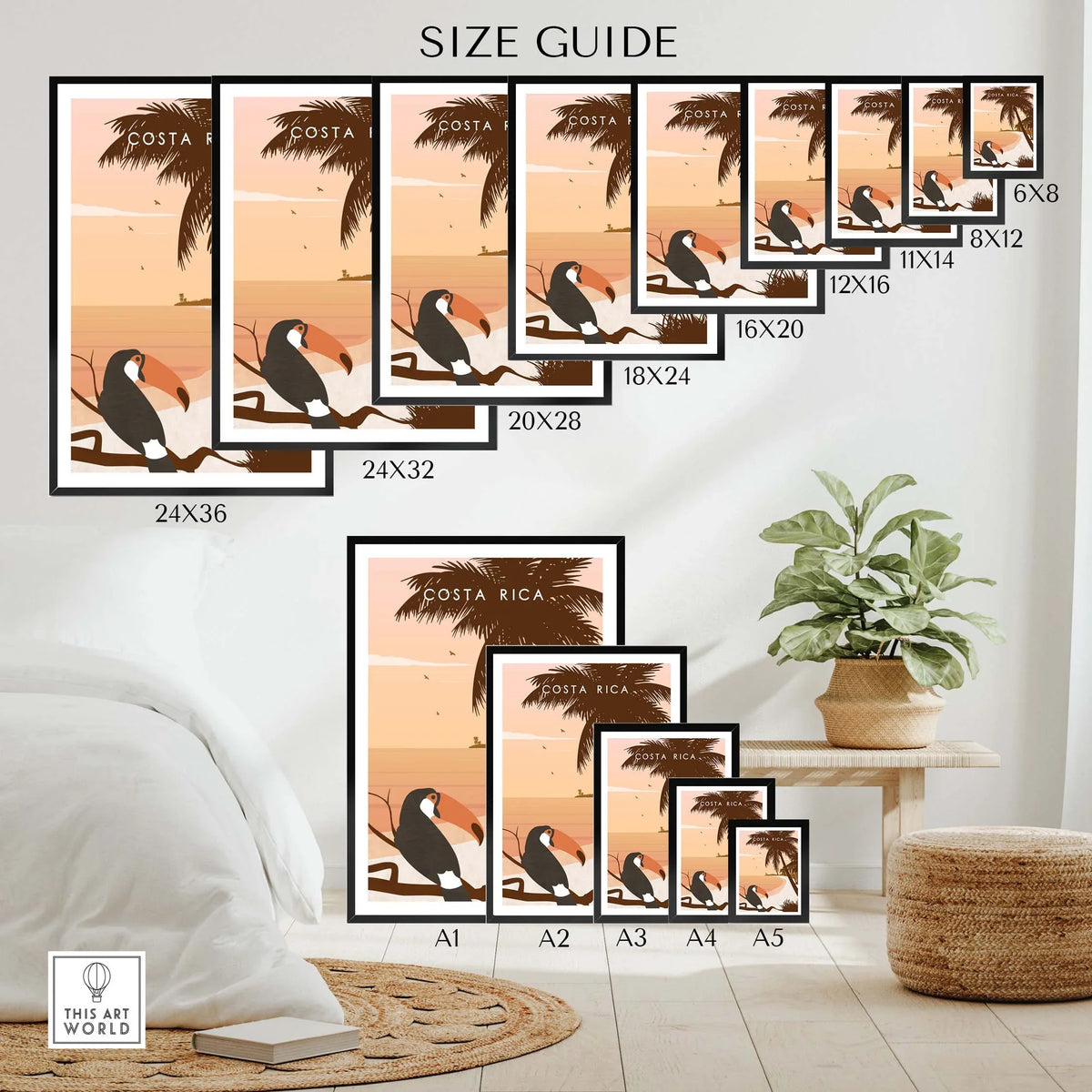 Size guide for Costa Rica Print Wall Art Posters featuring various dimensions and a tropical design with toucans.