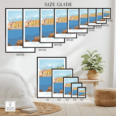 Cote d'Azur Print Poster size guide displayed in a stylish home setting with framed and unframed options.