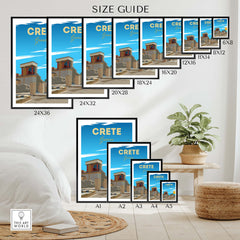Crete travel poster print size guide with framed options displayed in a stylish home interior.