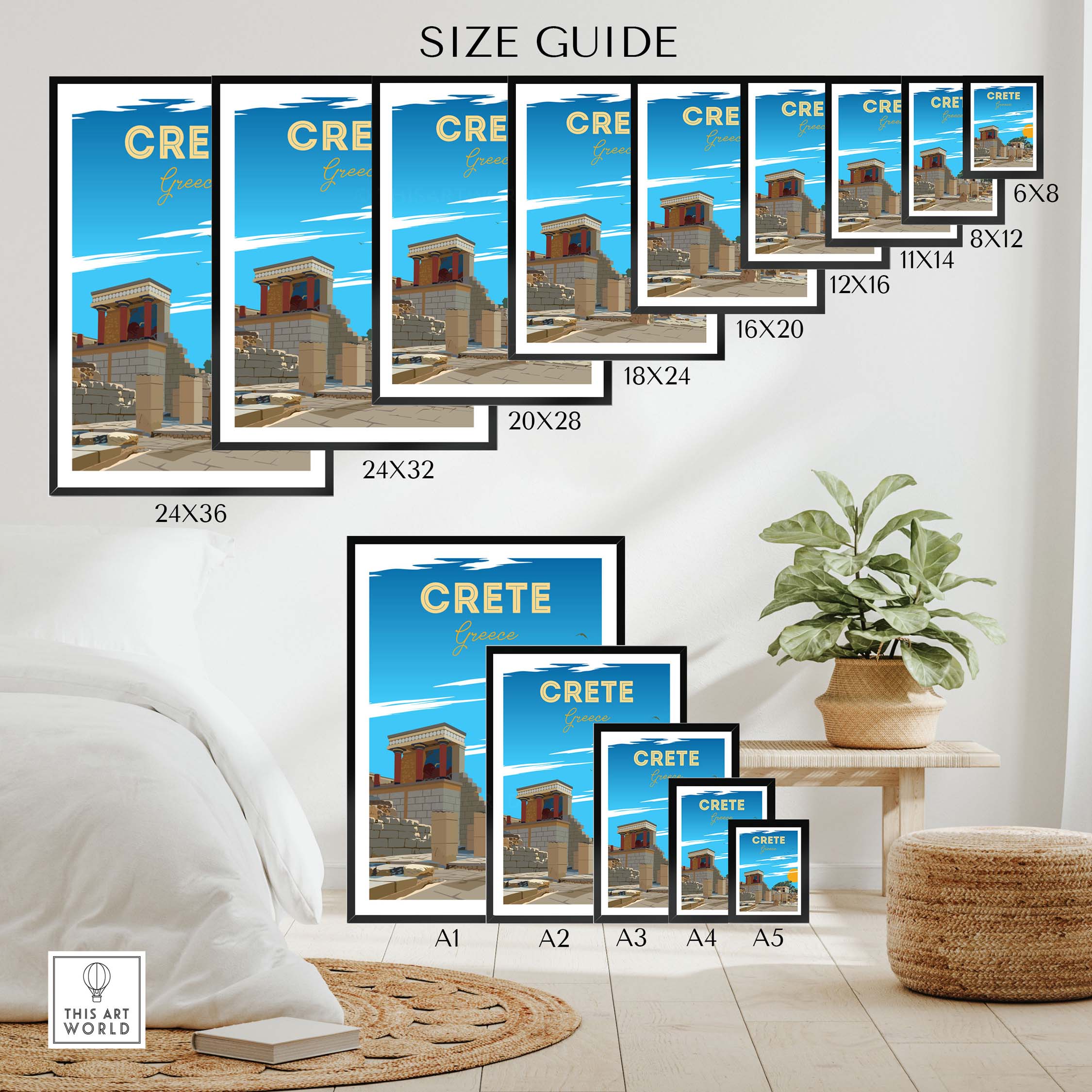 Crete travel poster print size guide with framed options displayed in a stylish home interior.
