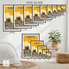 Crete Print Greece size guide showcasing various print sizes available for vintage travel poster decor.