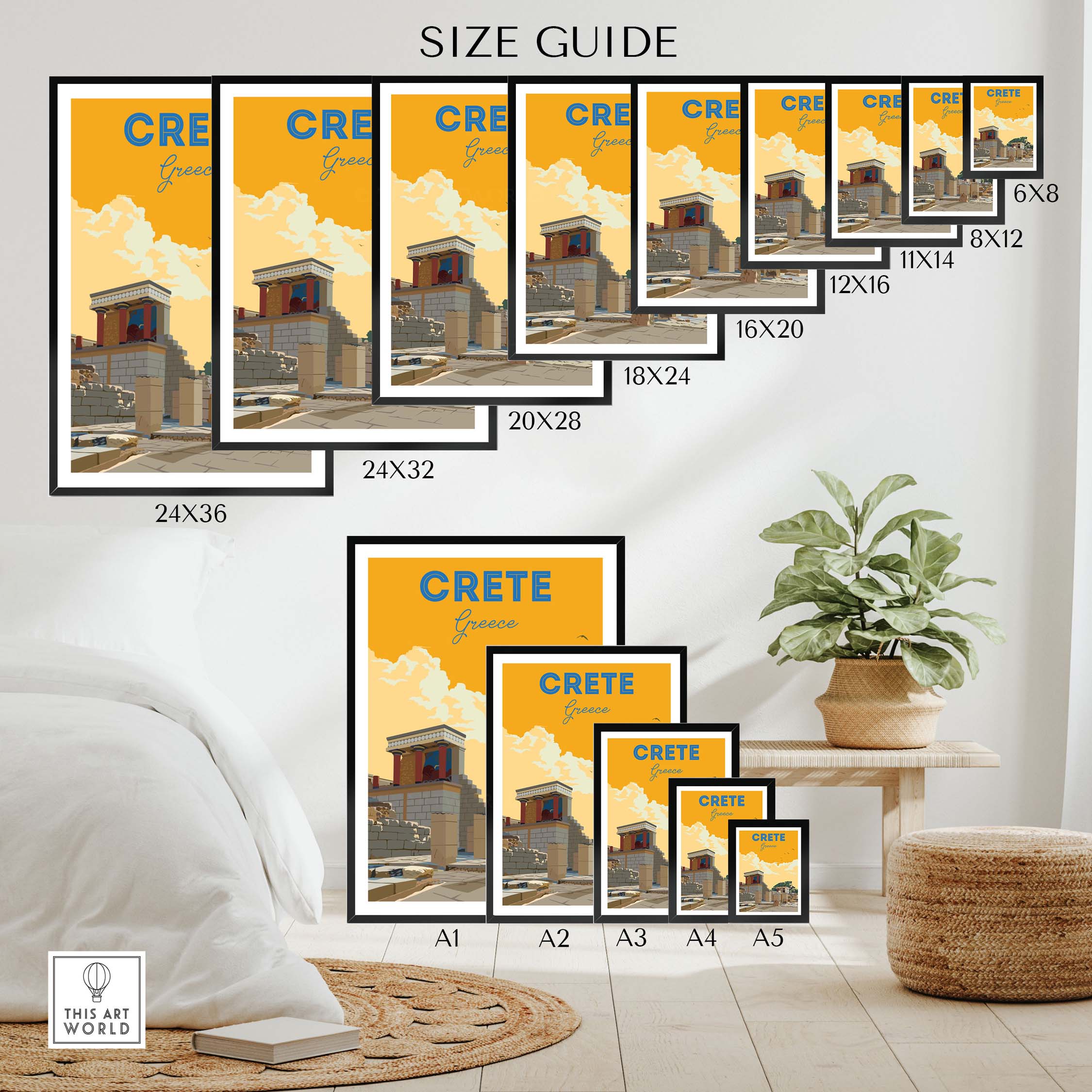 Crete Print Greece size guide showcasing various print sizes available for vintage travel poster decor.
