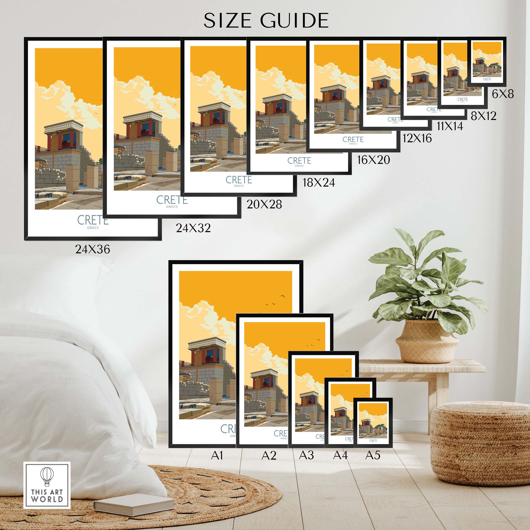Size guide for Crete Greece Poster showcasing various frame sizes, perfect for stylish home or office decor.