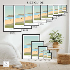 Croyde Beach Print size guide displaying various frame sizes for Devon wall art.