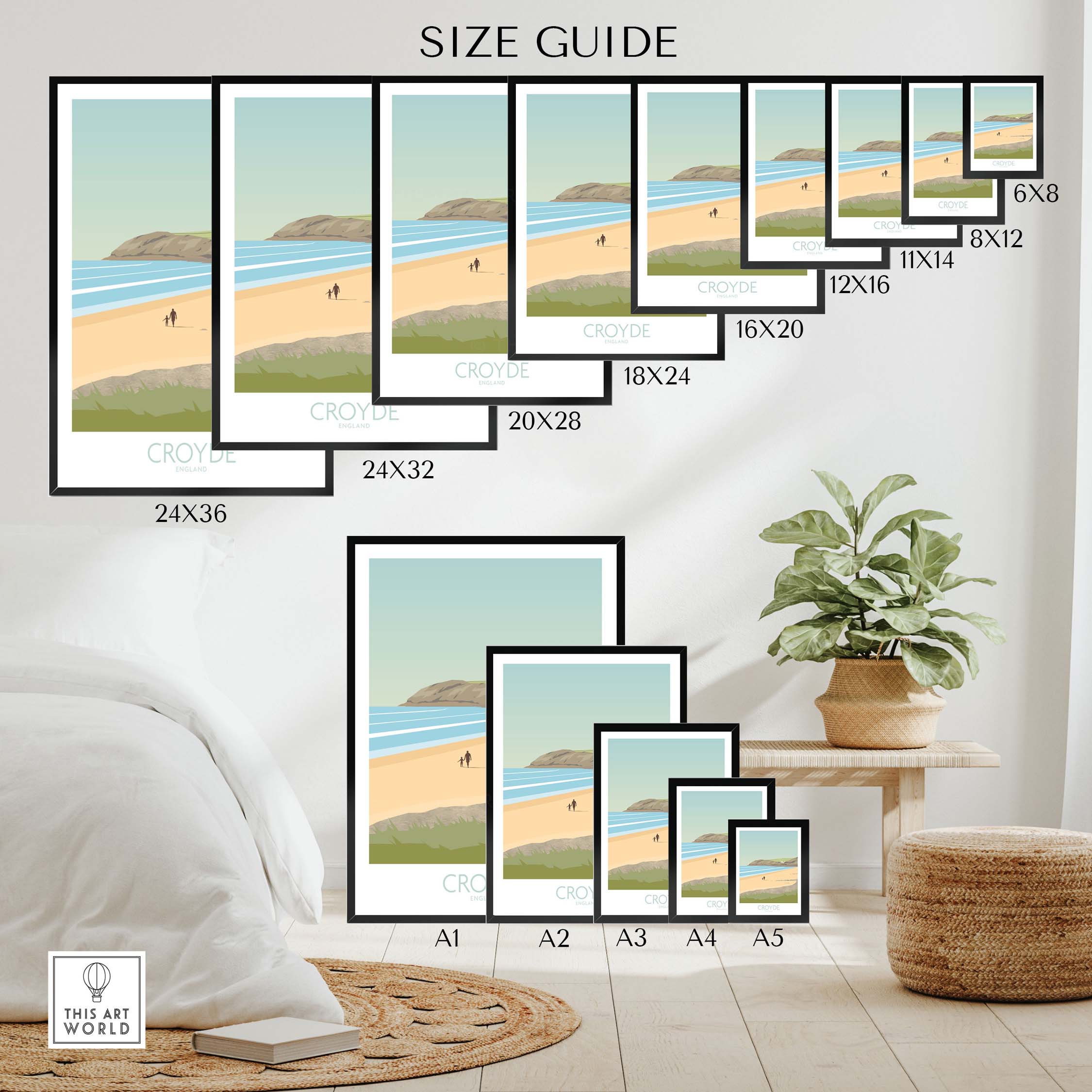 Croyde Beach Print size guide displaying various frame sizes for Devon wall art.