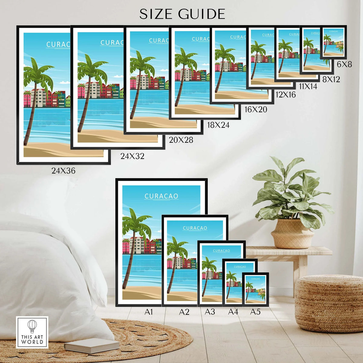 Curacao Poster Print size guide showcasing various frame sizes for stylish wall art decor.