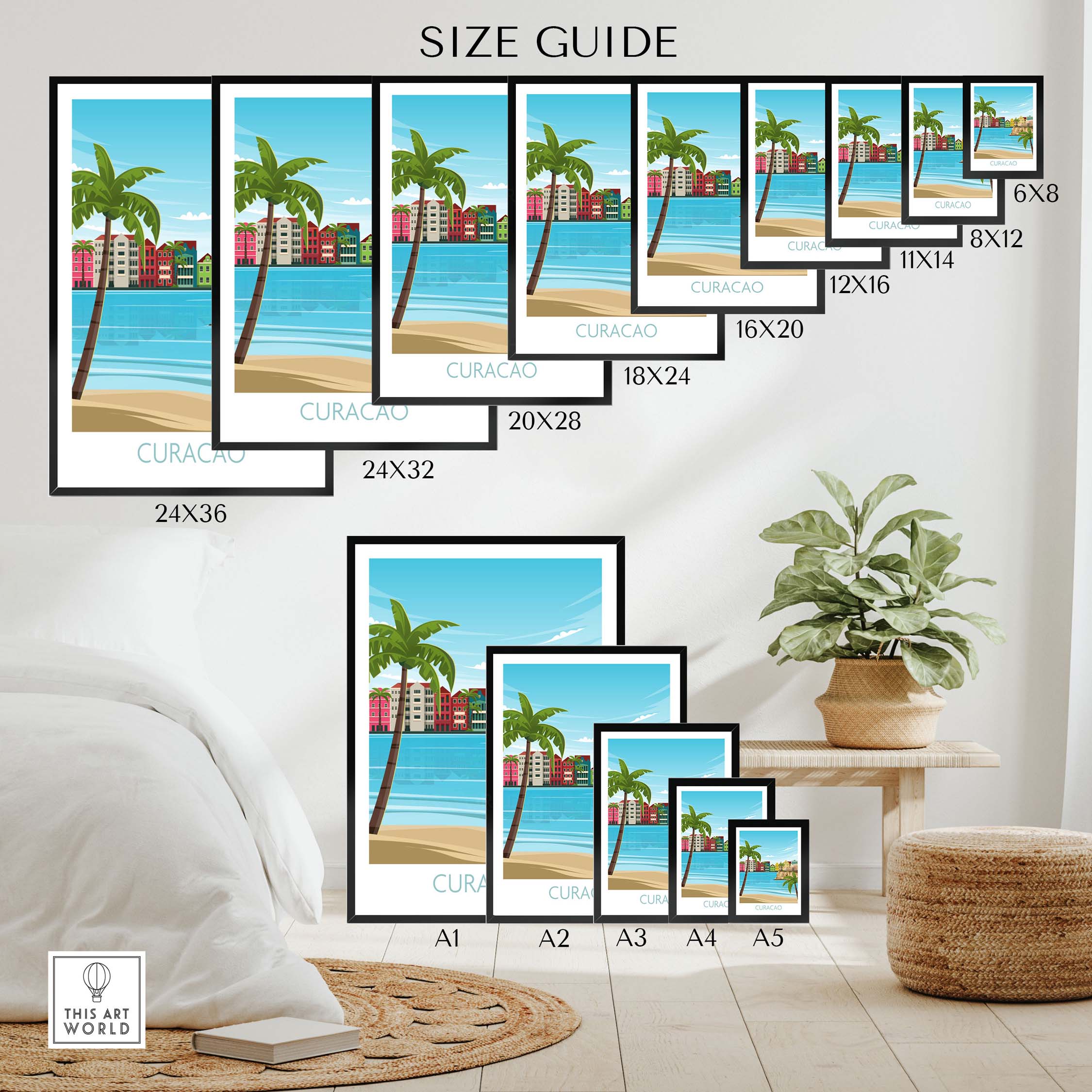 Curacao Wall Art Travel Poster size guide showcasing various frame dimensions and print options with tropical beach theme.