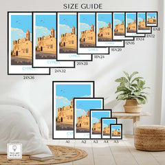 Size guide for Cyprus Poster Print showcasing various dimensions and styles of framed and unframed artwork.