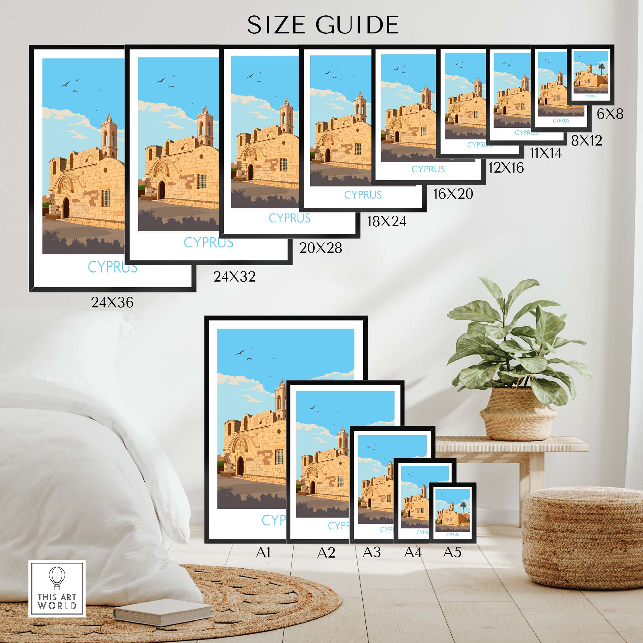 Size guide for Cyprus Poster Print showcasing various dimensions and styles of framed and unframed artwork.