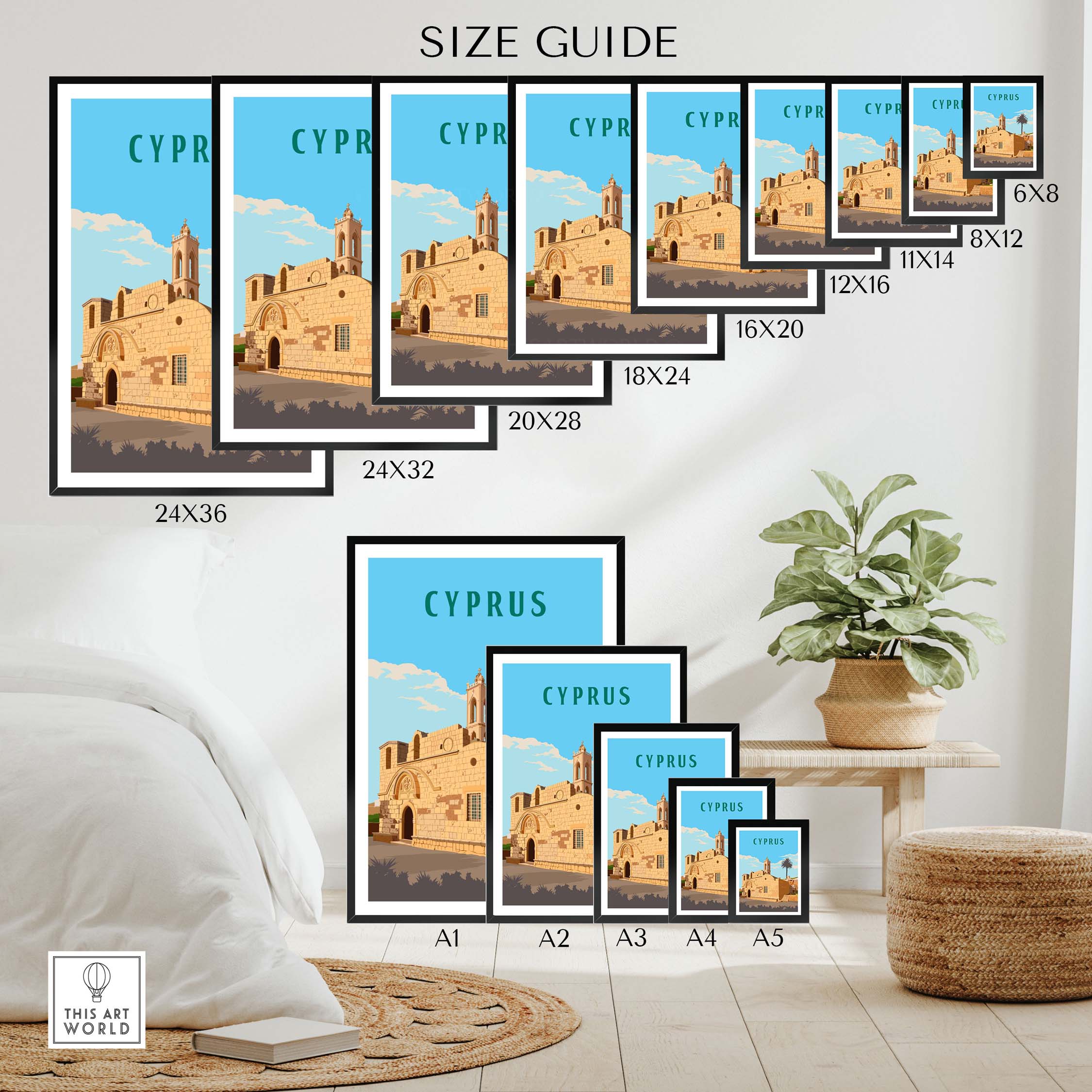 Cyprus Print size guide showing various frame sizes and styles for stylish wall art in a minimalist decor setting.