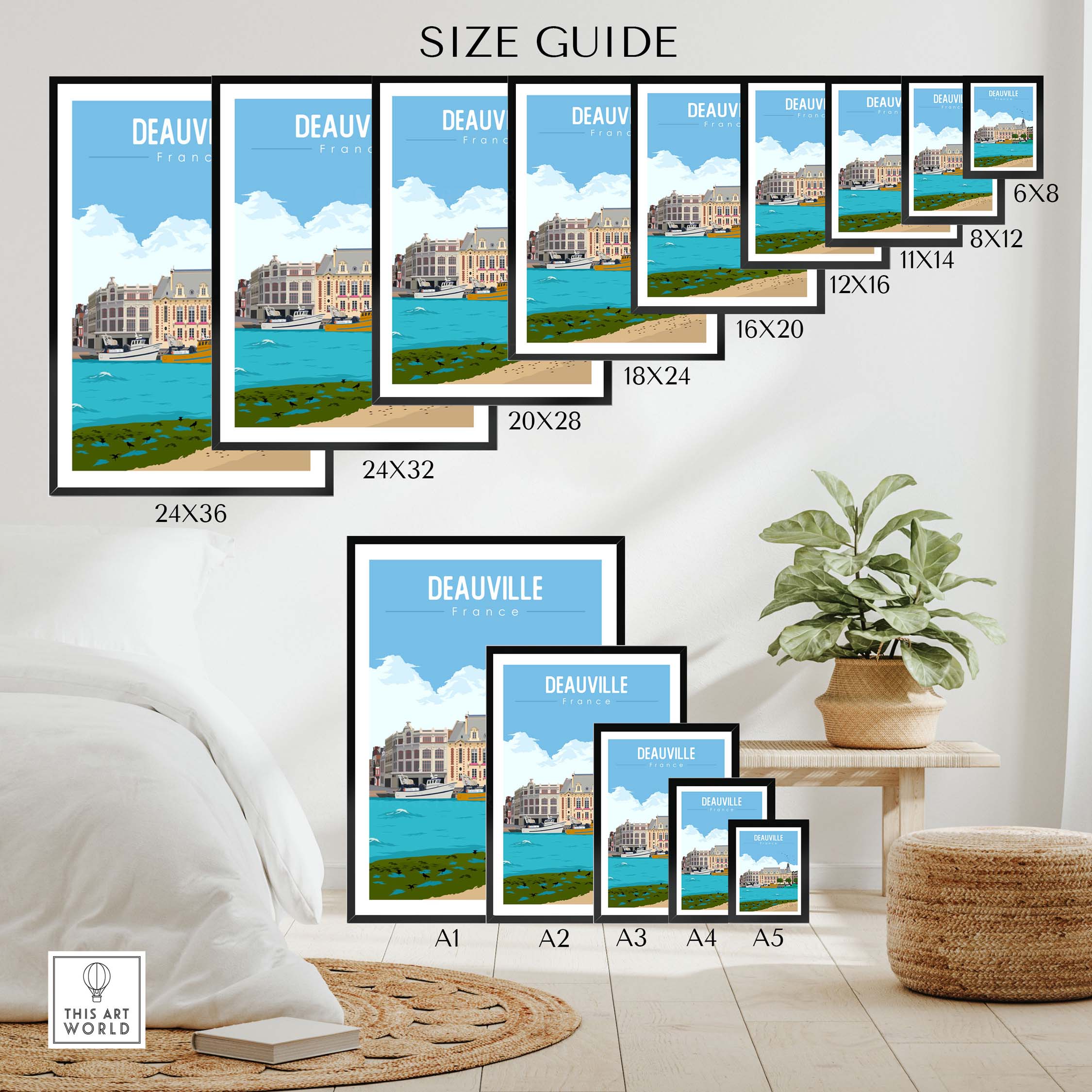 Size guide for Deauville France Poster Print showing various frame sizes for stylish wall art.
