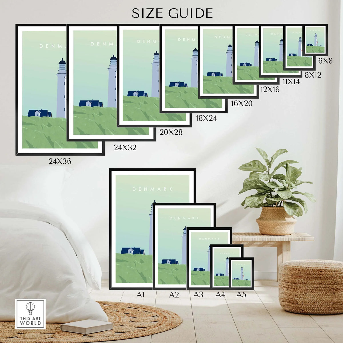 Denmark Print Wall Art Poster size guide showcasing multiple frame sizes for stylish home decor.