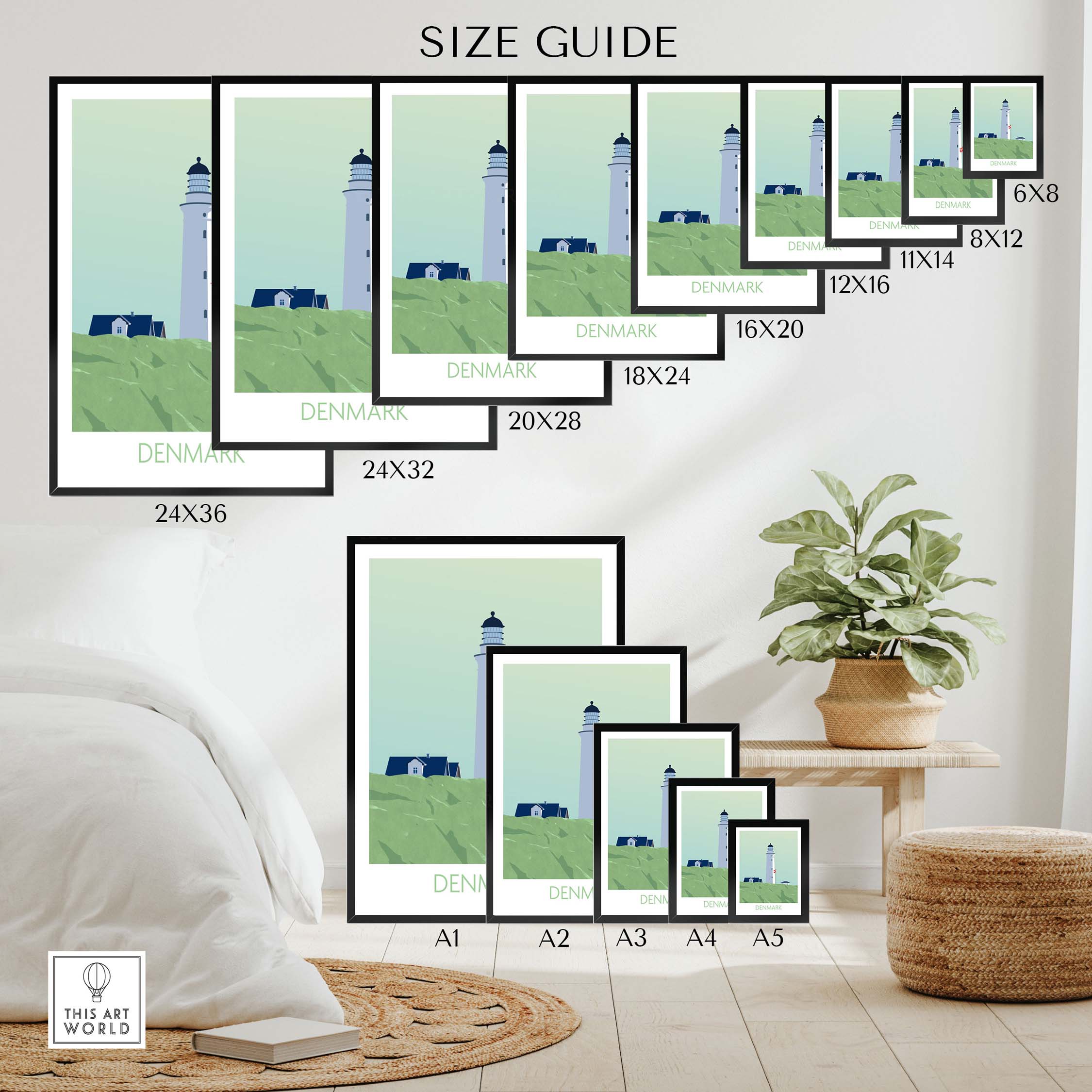 Size guide for Denmark Poster Print featuring various dimensions and a stylish framed print display.