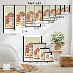 Size guide for Denmark Poster Art Print showing various frame sizes for stylish wall art.