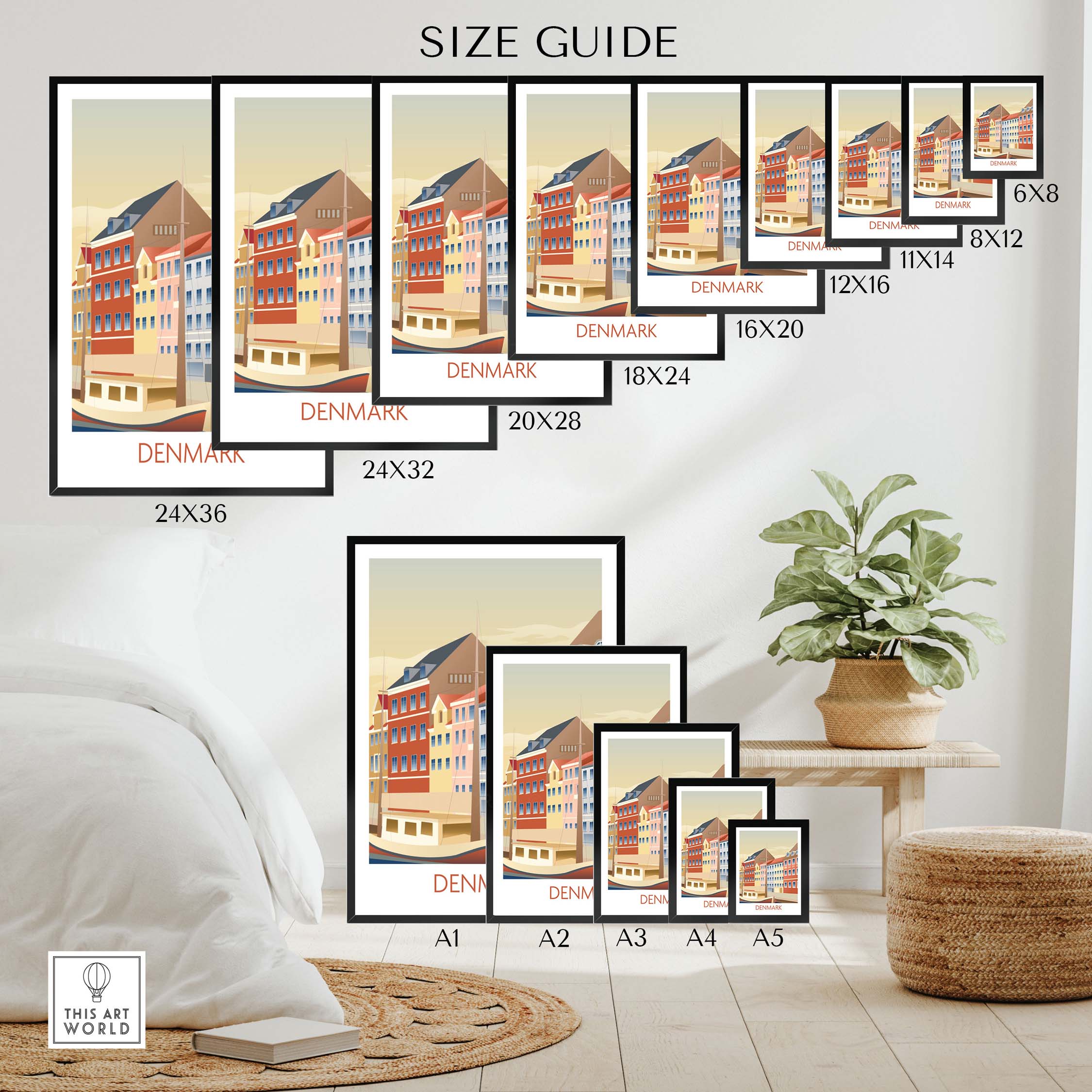 Size guide for Denmark Poster Art Print showing various frame sizes for stylish wall art.