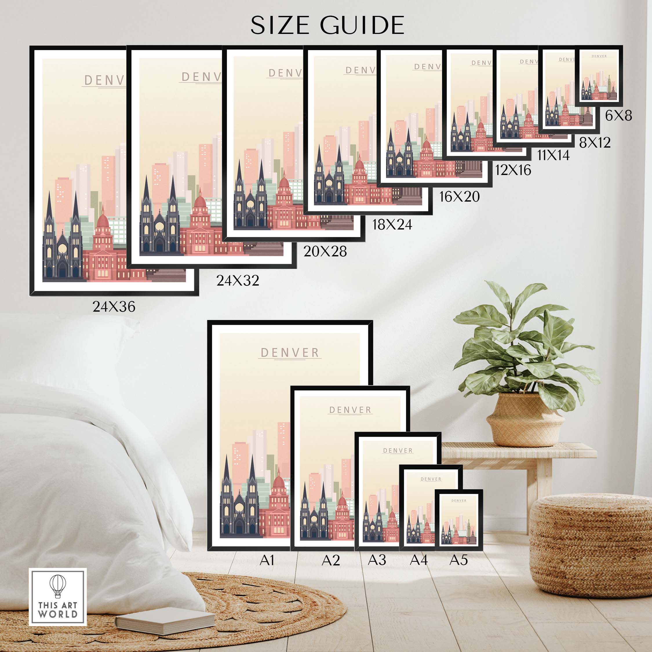 Size guide for Denver Skyline Print, showcasing various frame sizes and styles for wall art in warm pastel tones.