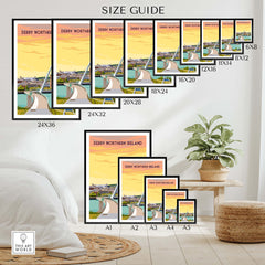 Size guide for Derry Print Poster Wall Art in various frame sizes, showcasing vintage-inspired designs.