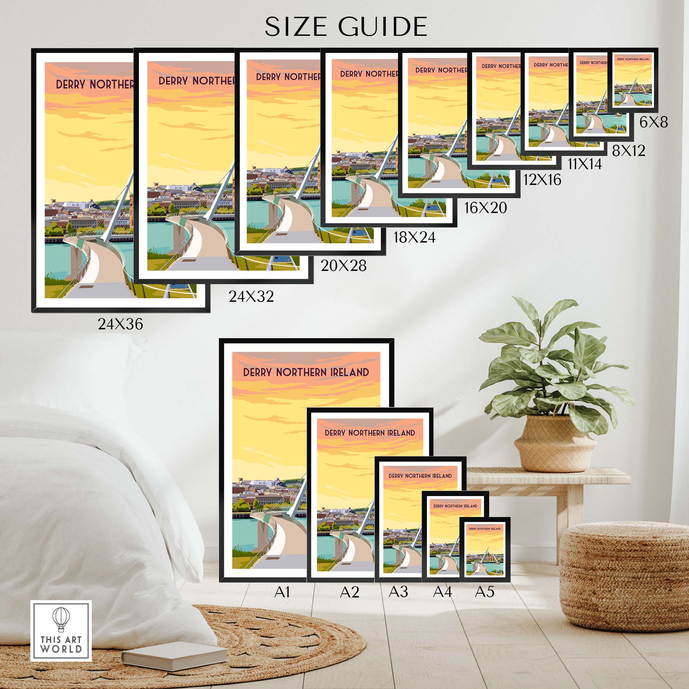 Size guide for Derry Print Poster Wall Art in various frame sizes, showcasing vintage-inspired designs.