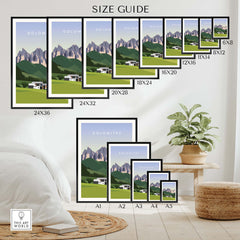 Size guide for Dolomites Travel Poster Print showing available frame sizes and styles.