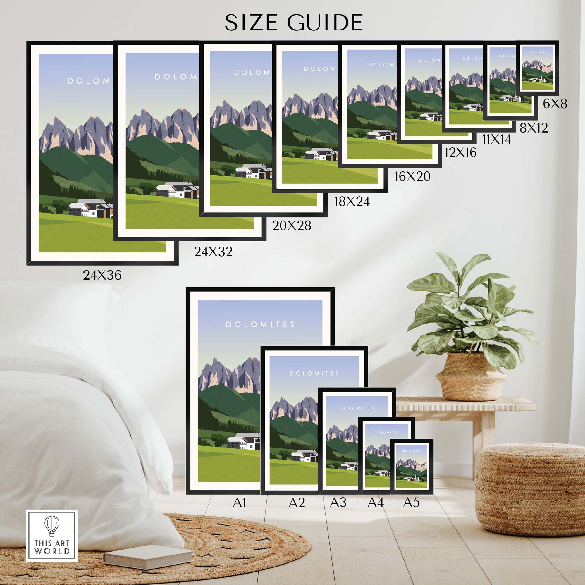 Size guide for Dolomites Travel Poster Print showing available frame sizes and styles.