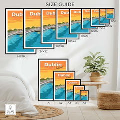 Size guide for Dublin Print Poster Wall Art showing various frame sizes and styles in a stylish home setting.