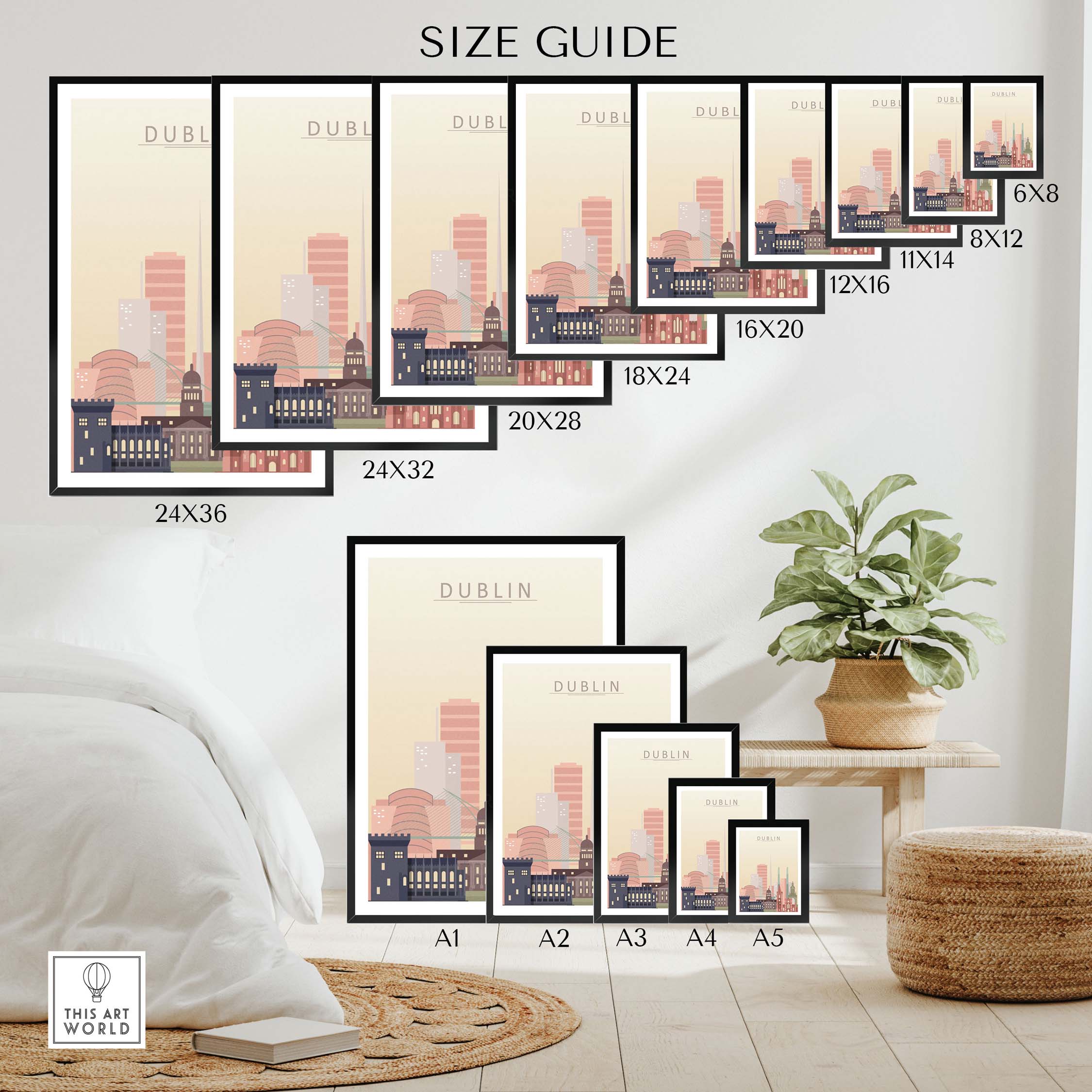 Size guide for Dublin Print | Skyline Wall Art with various frame options and dimensions displayed.
