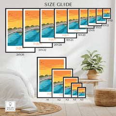 Size guide for Dublin Print Ireland poster showcasing various frame sizes and the Ha'penny Bridge design.