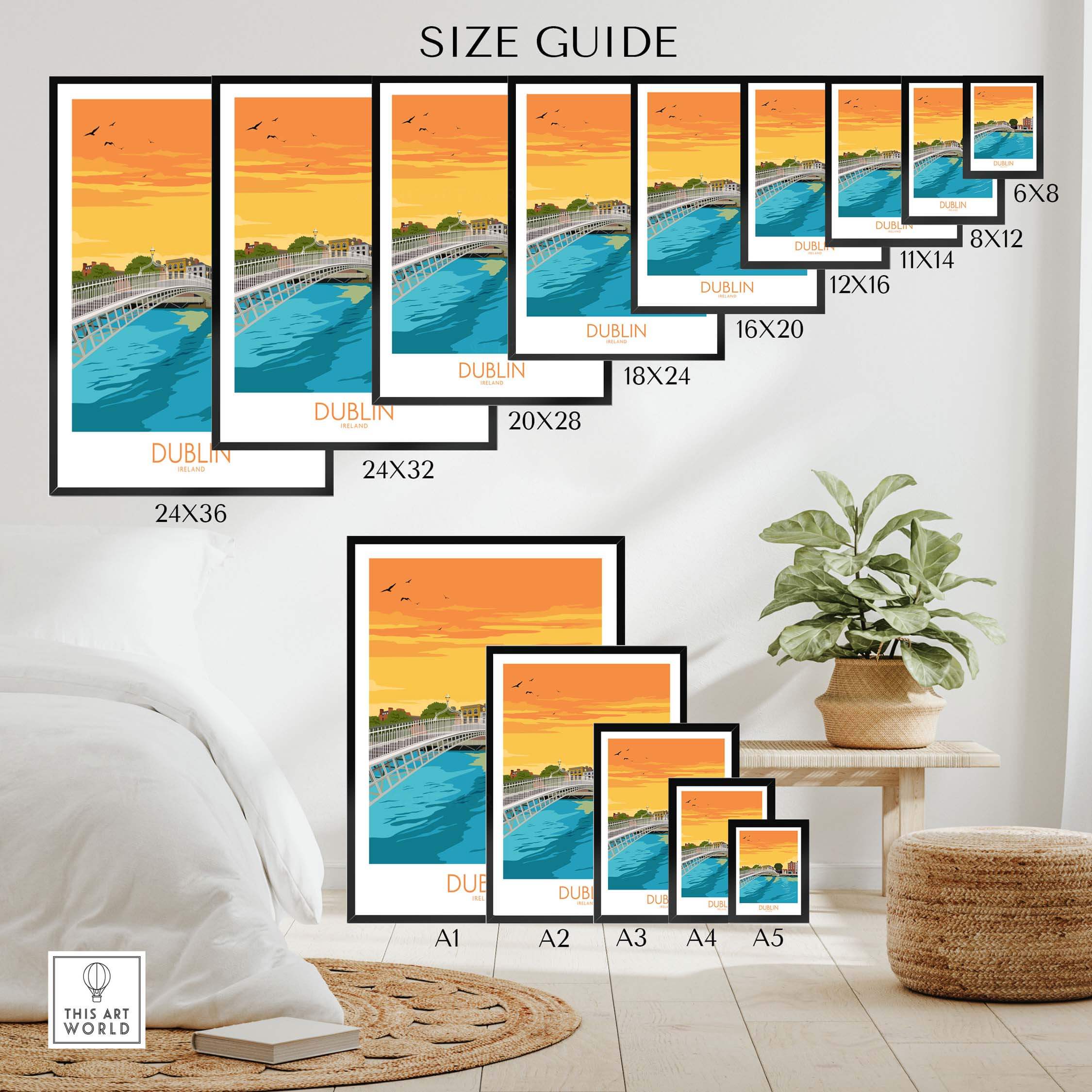 Size guide for Dublin Print Ireland poster showcasing various frame sizes and the Ha'penny Bridge design.