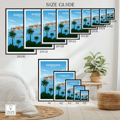 Size guide for Dubrovnik Art Print featuring various frame sizes and styles in a stylish home setting.