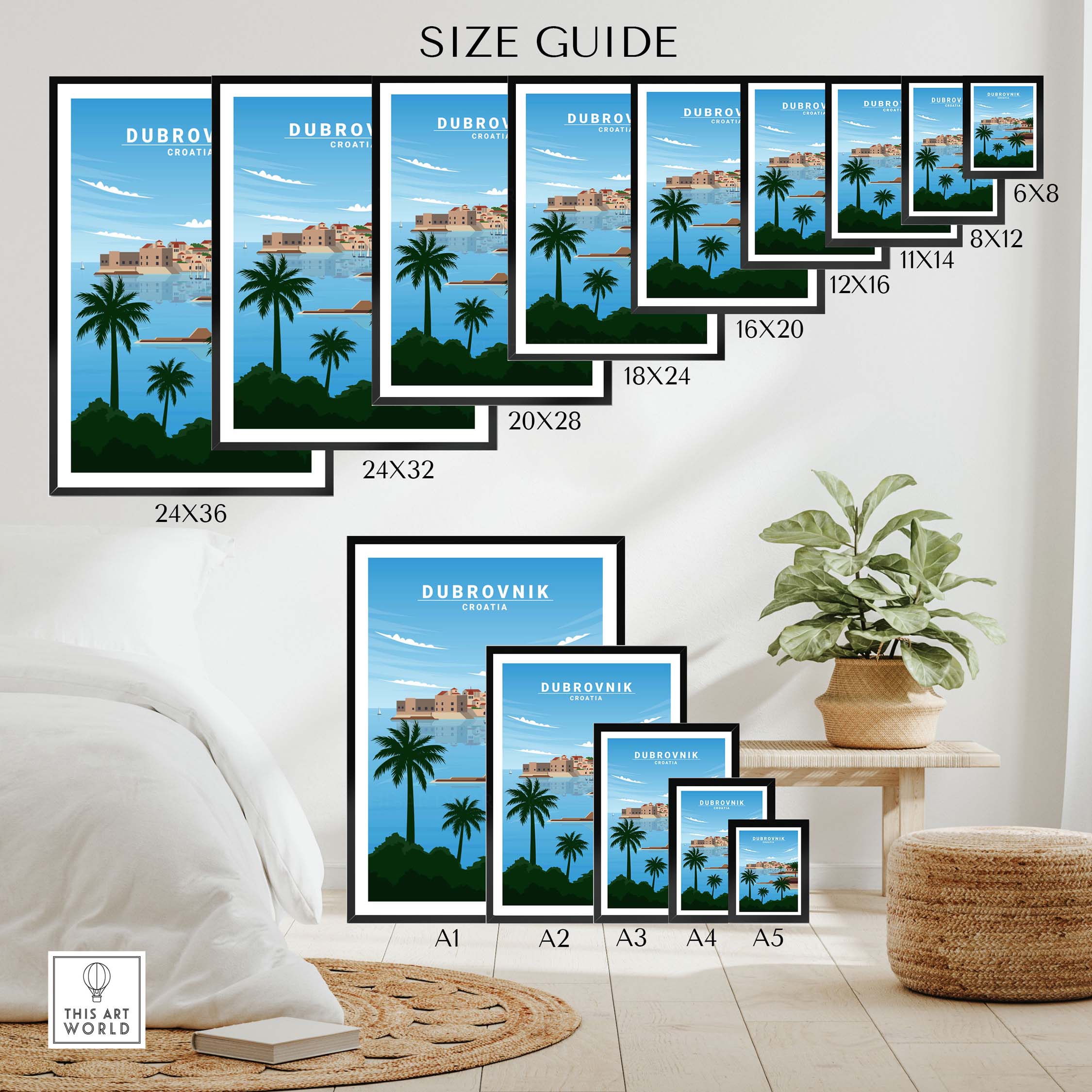 Size guide for Dubrovnik Art Print featuring various frame sizes and styles in a stylish home setting.