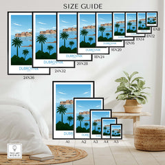 Size guide for Dubrovnik Poster Art fine art prints, showcasing various frame sizes with a coastal design.