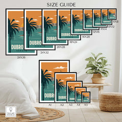 Size guide for Dubrovnik Poster Wall Art Print showcasing various frame sizes in a stylish interior setting.