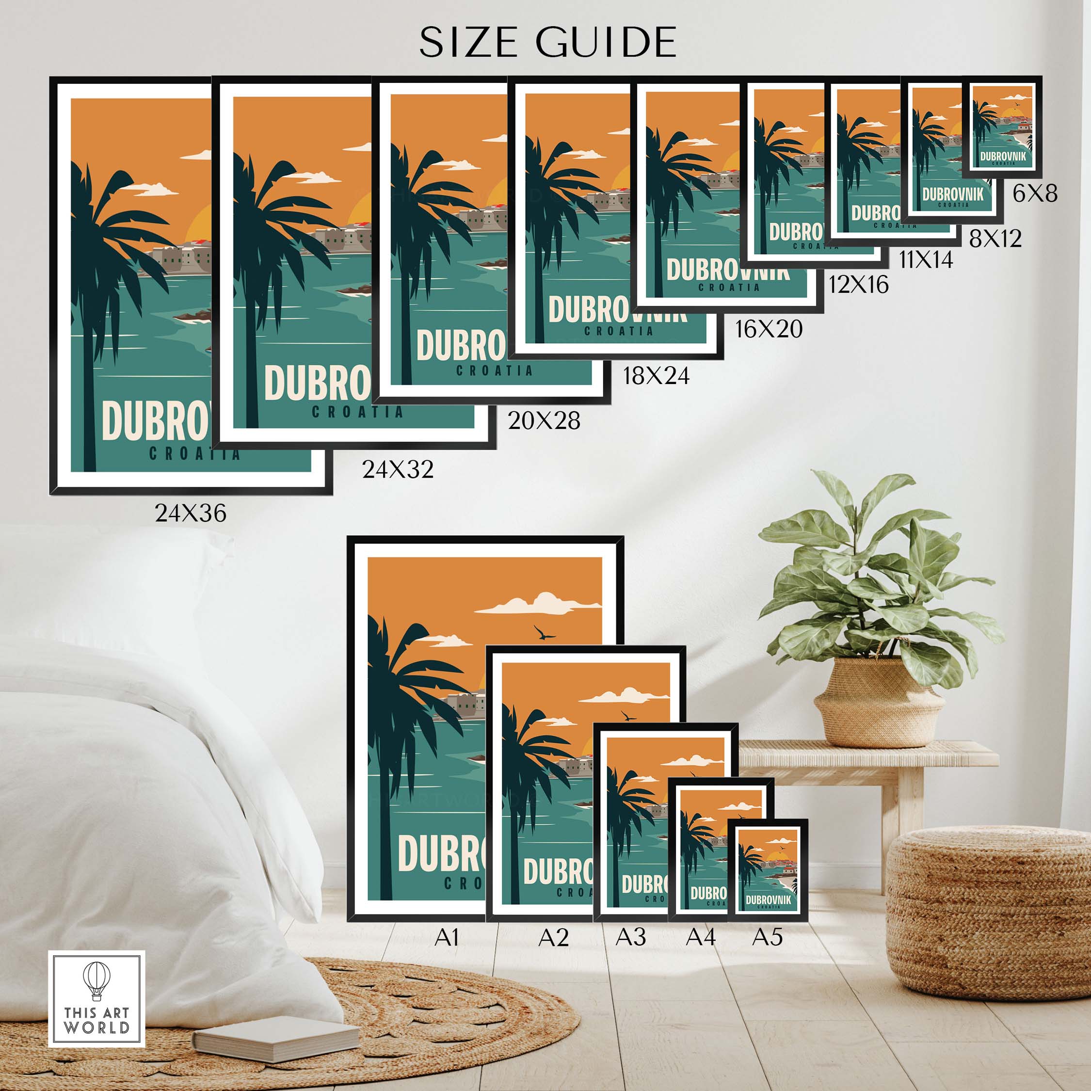 Size guide for Dubrovnik Poster Wall Art Print showcasing various frame sizes in a stylish interior setting.
