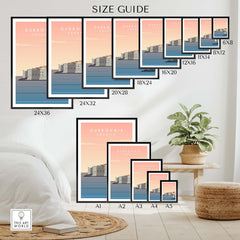 Size guide for Dubrovnik Print Wall Art Poster featuring various frame sizes and styles.