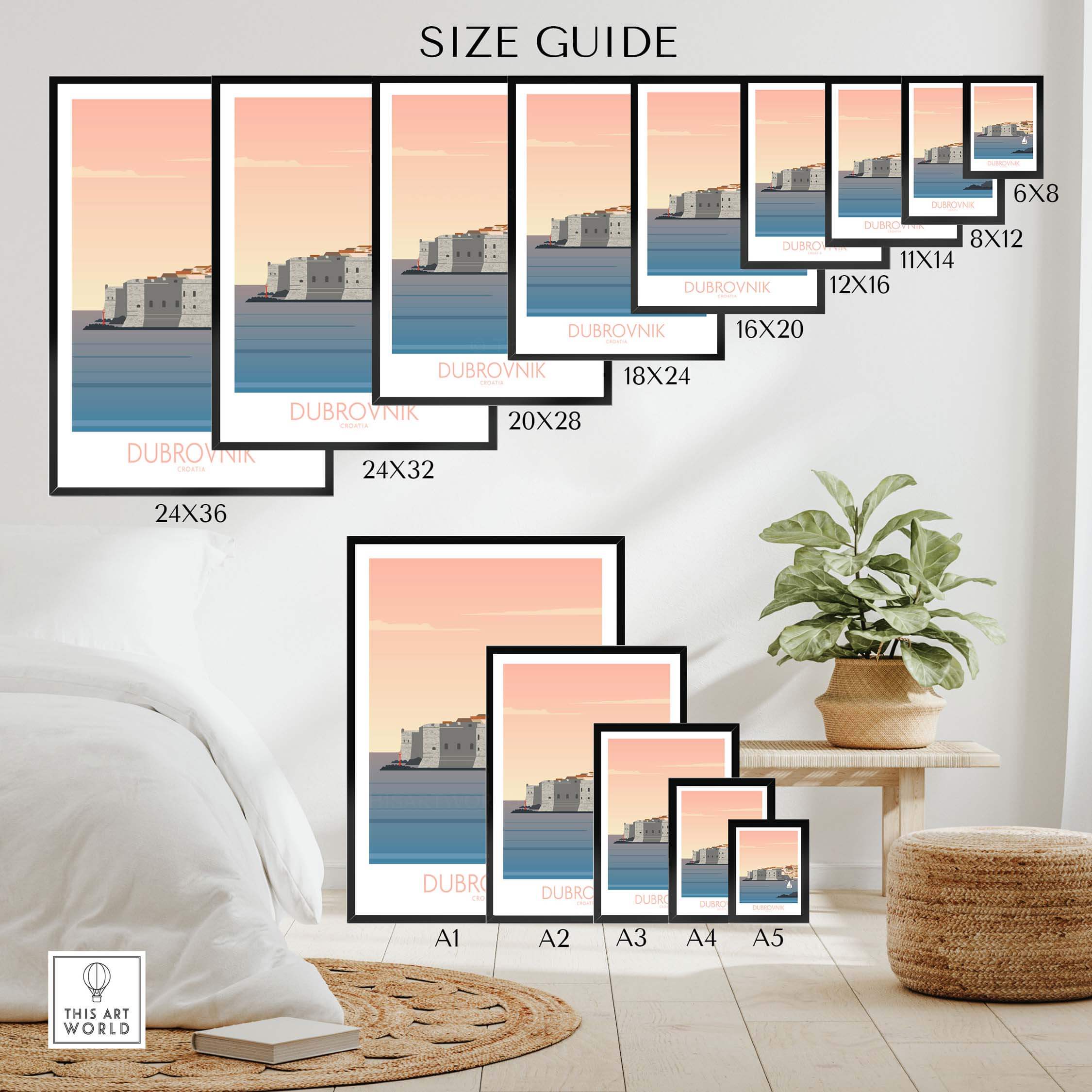 Size guide for Dubrovnik Print Travel Poster showcasing various frame sizes and styles for wall art.