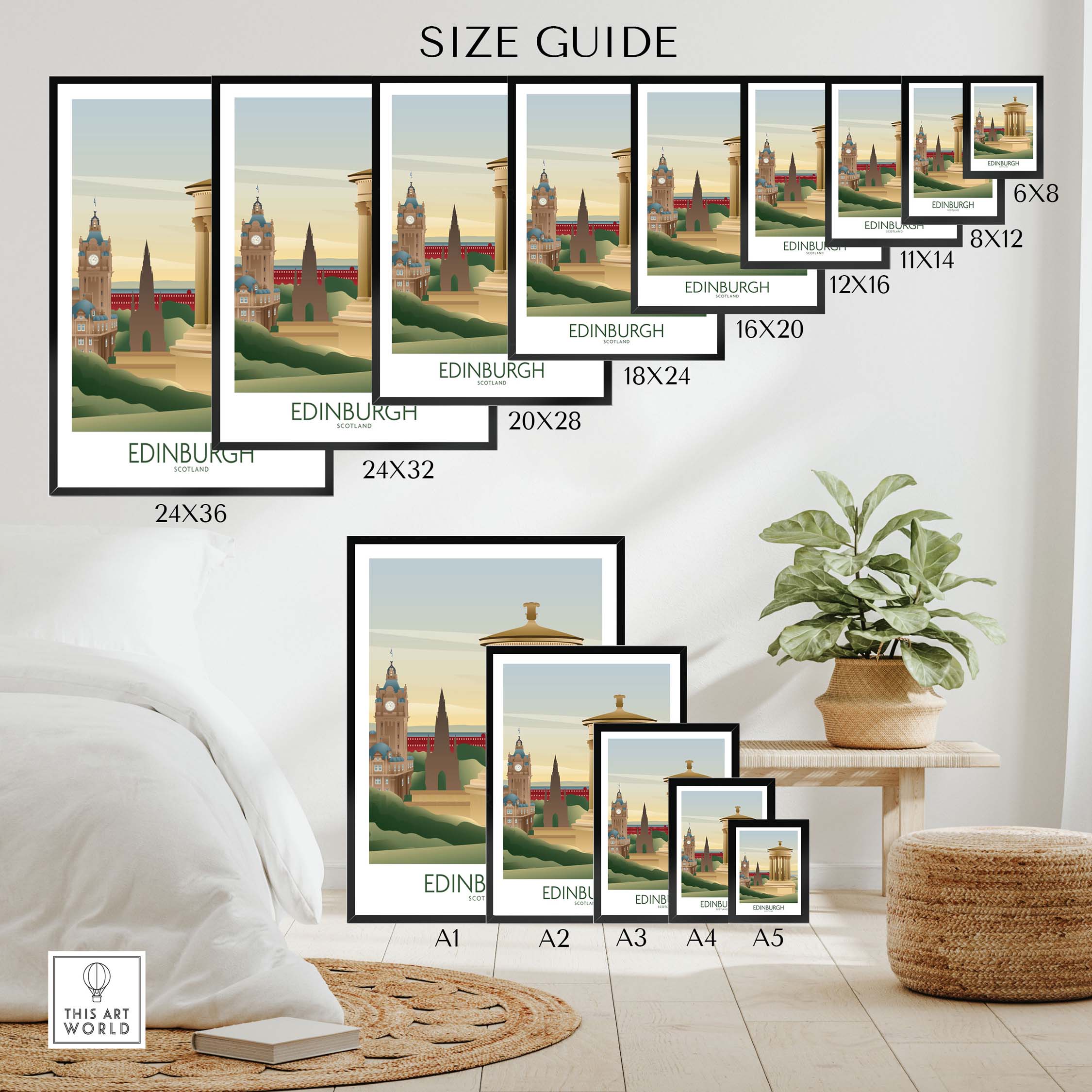 Size guide for Edinburgh Wall Art Print showcasing various frame sizes and vintage poster design.