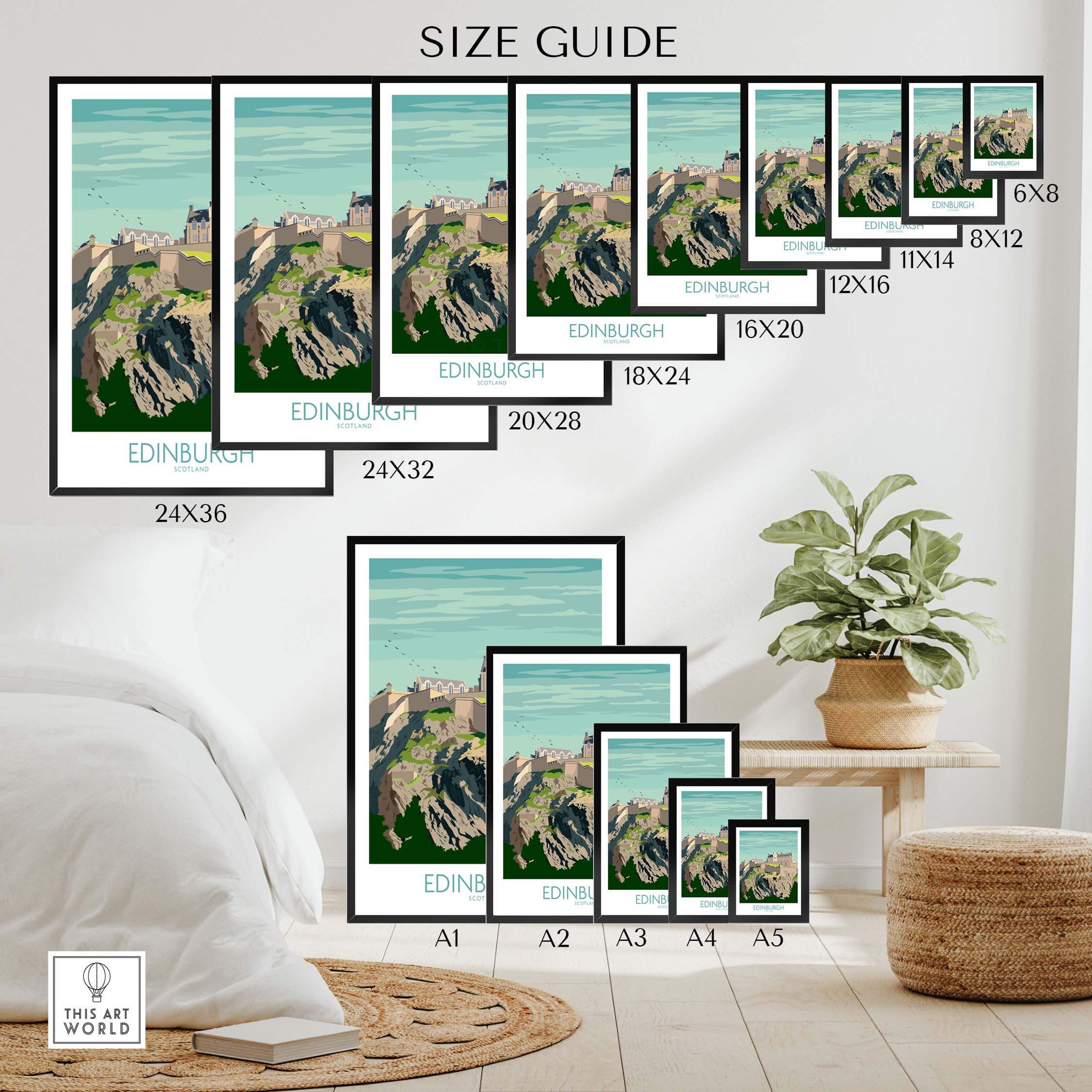 Size guide for Edinburgh Travel Poster showcasing print sizes and framed options for wall art decor.