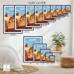 Size guide displaying Egypt Wall Art Prints in various sizes, showcasing minimalist vintage travel poster design.