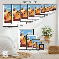 Size guide for Egypt Poster Wall Art prints showing various dimensions and framed options in a stylish room setting.