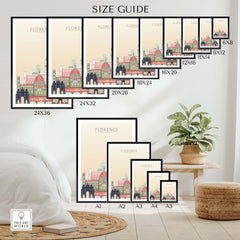 Size guide for Florence Skyline Print artwork showing various frame sizes for home or office decor.