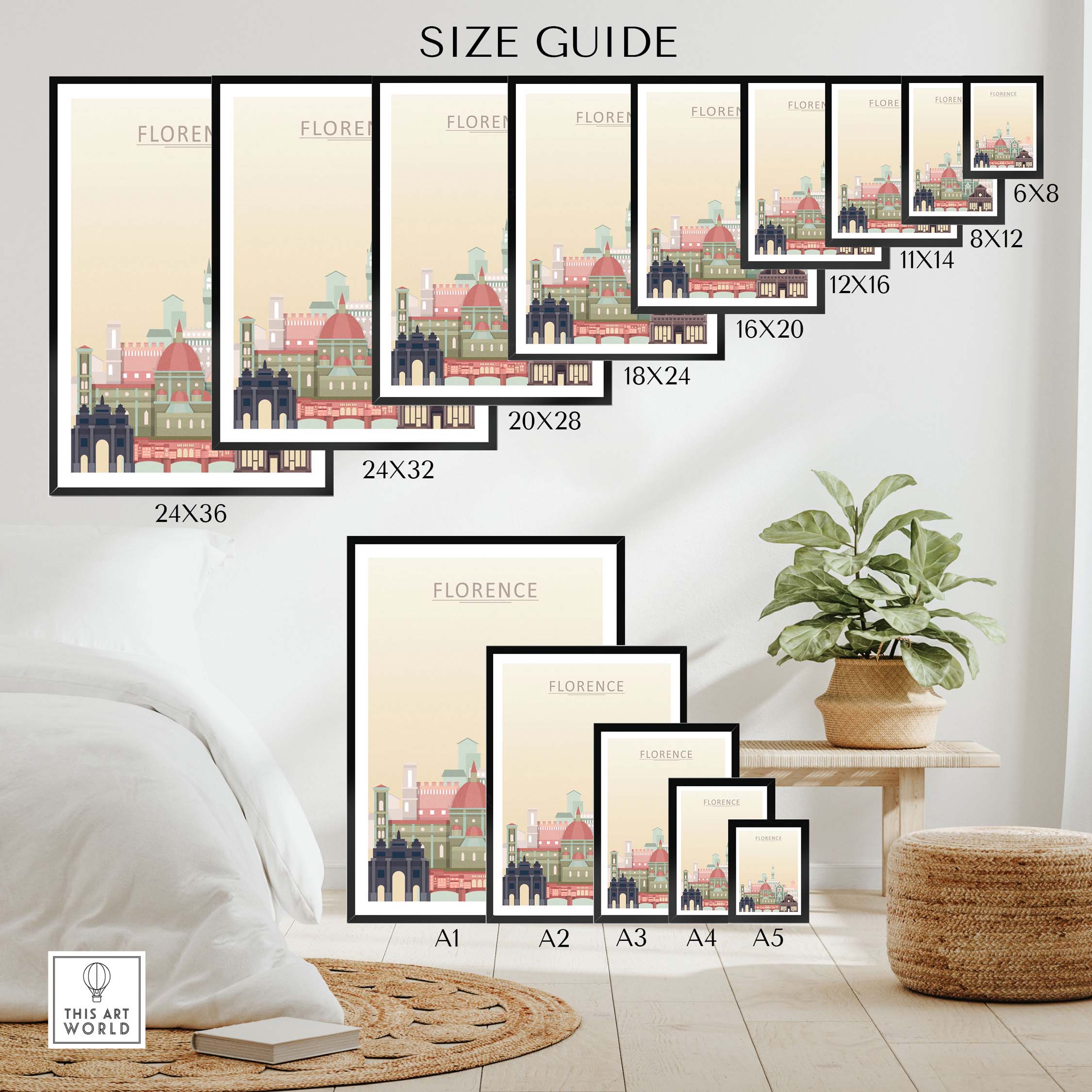 Size guide for Florence Skyline Print artwork showing various frame sizes for home or office decor.