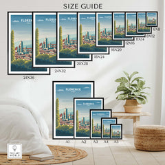 Size guide for Florence Wall Art Print showcasing various frame sizes in a stylish home setting.