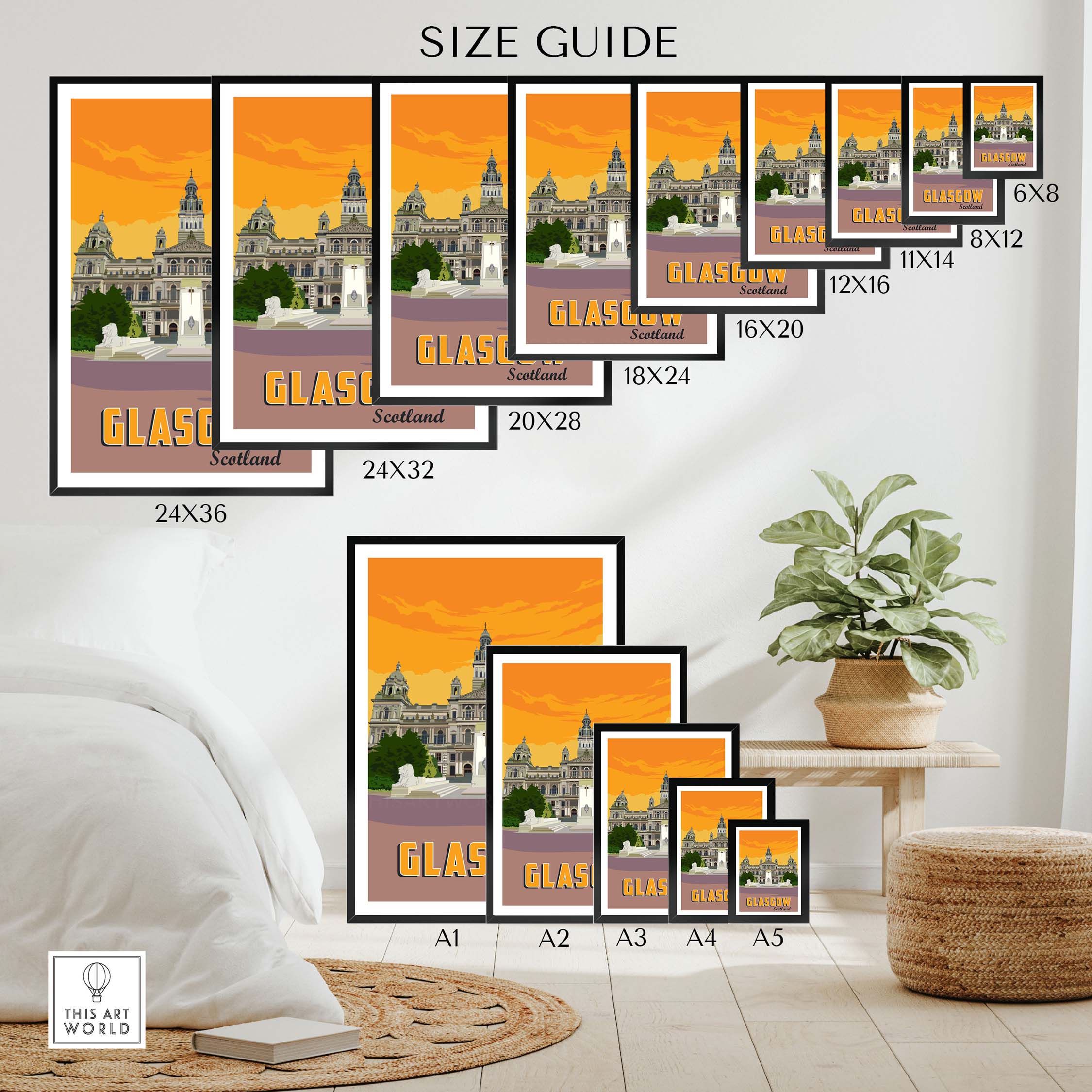 Size guide showing Glasgow Poster Prints in various dimensions, ideal for home or office decor.