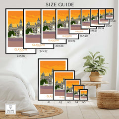 Size guide for Glasgow Travel Poster Art Print showcasing various frame sizes and vibrant design.
