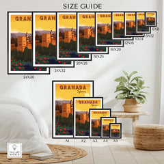 Size guide for Granada Wall Art Print - Spain showcasing various frame sizes in a stylish interior setting.