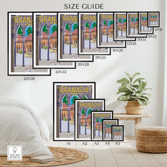 Size guide for Granada Poster Spain Print showcasing various frame dimensions and styles for easy selection.