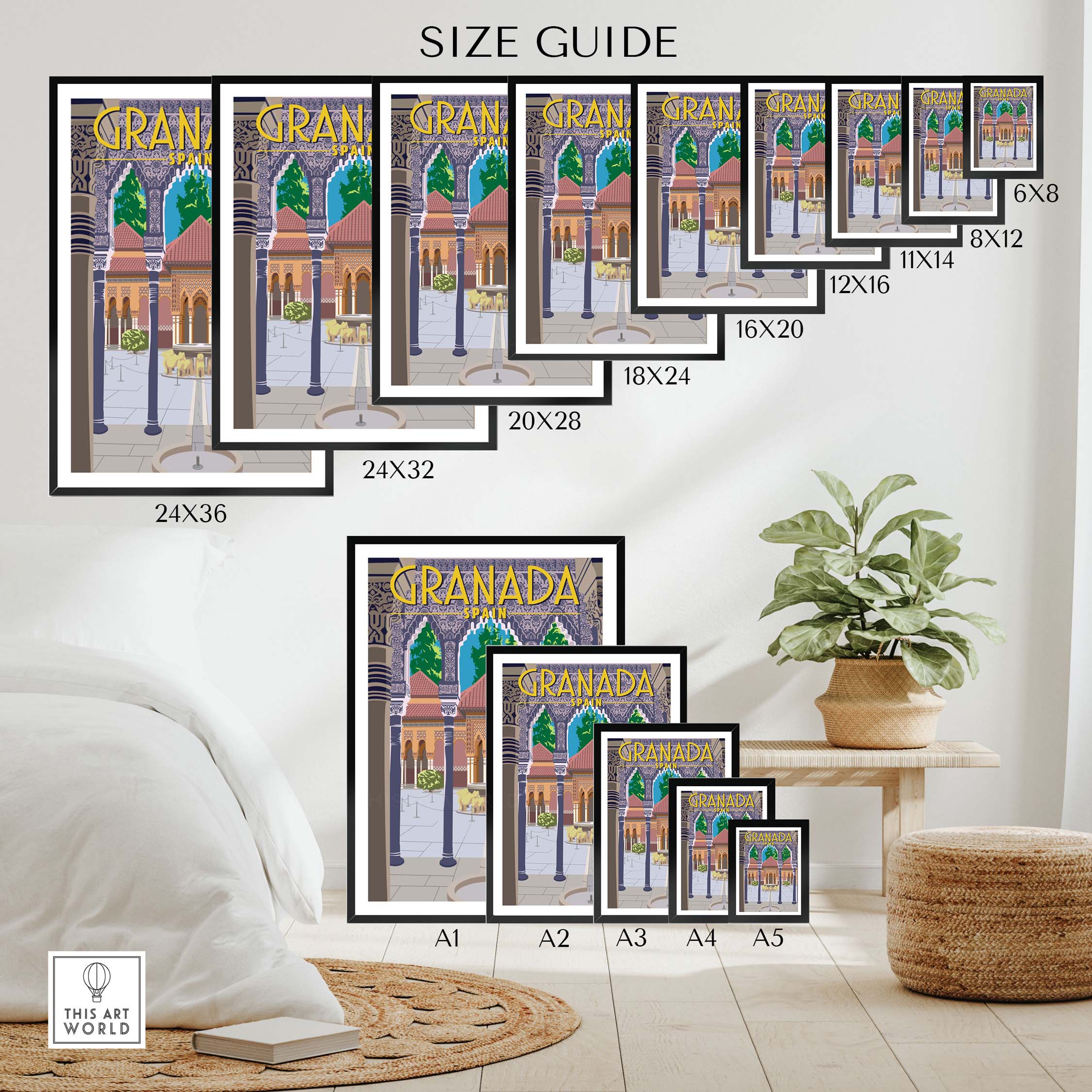 Size guide for Granada Poster Spain Print showcasing various frame dimensions and styles for easy selection.